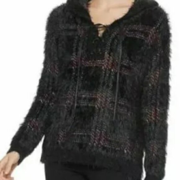 Rock & Republic Plaid Fuzzy Hoodie Long Sleeve Sweater Misses Size Large - Picture 2 of 10